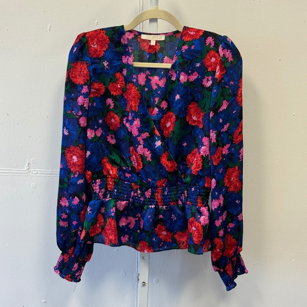 WAYF Floral Wrap V-Neck Smocked Peplum Blouse Long Sleeve Blue Red Small